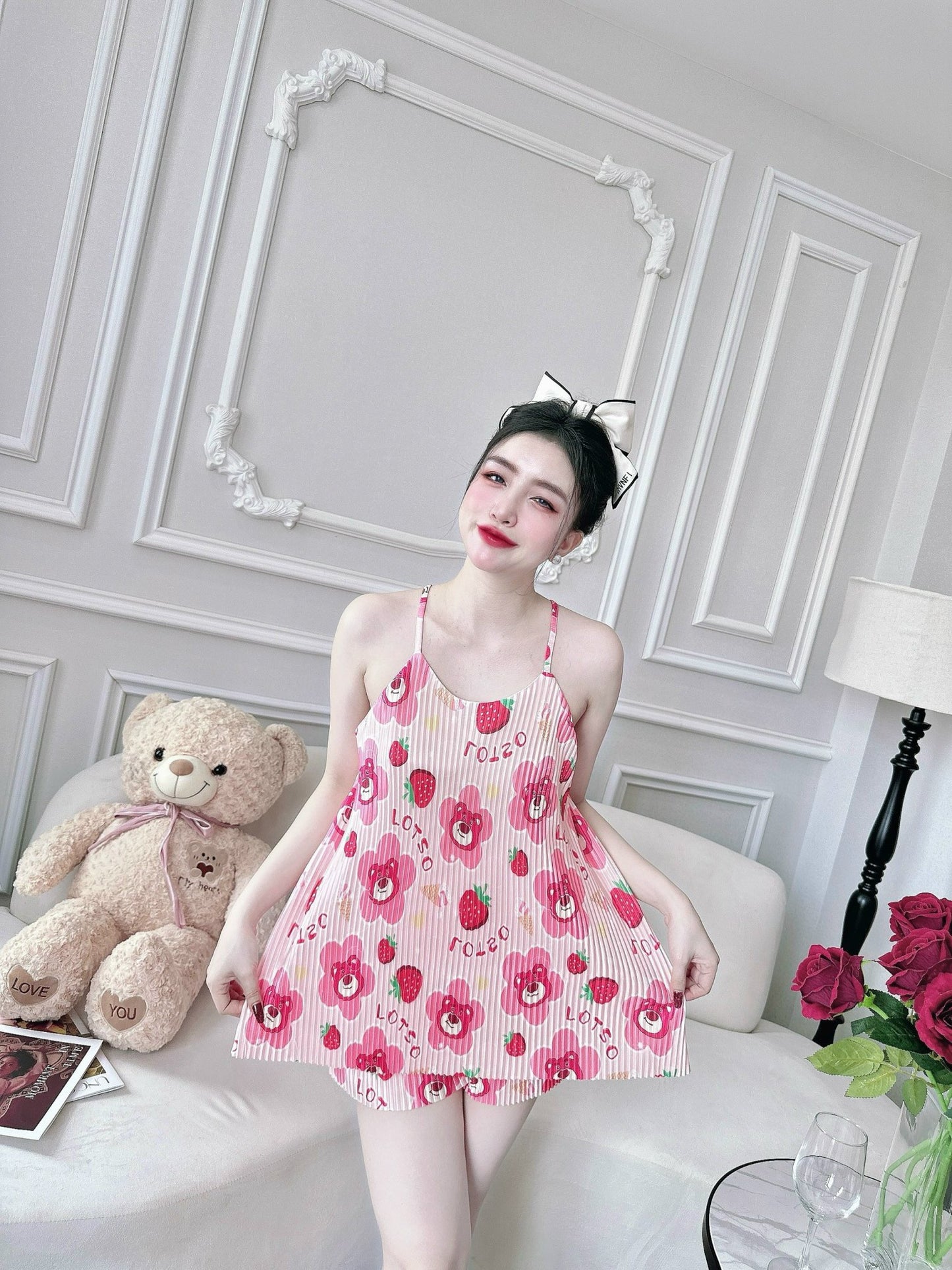 Pleated Tank Top Pajama Short Set