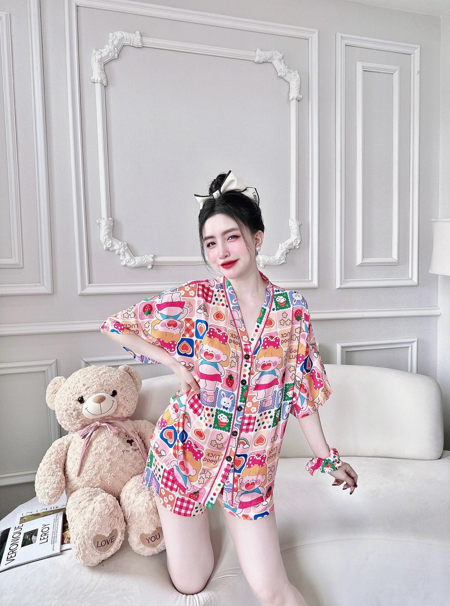 Orange Crying Chubby Girl Satin Pajama Short Set