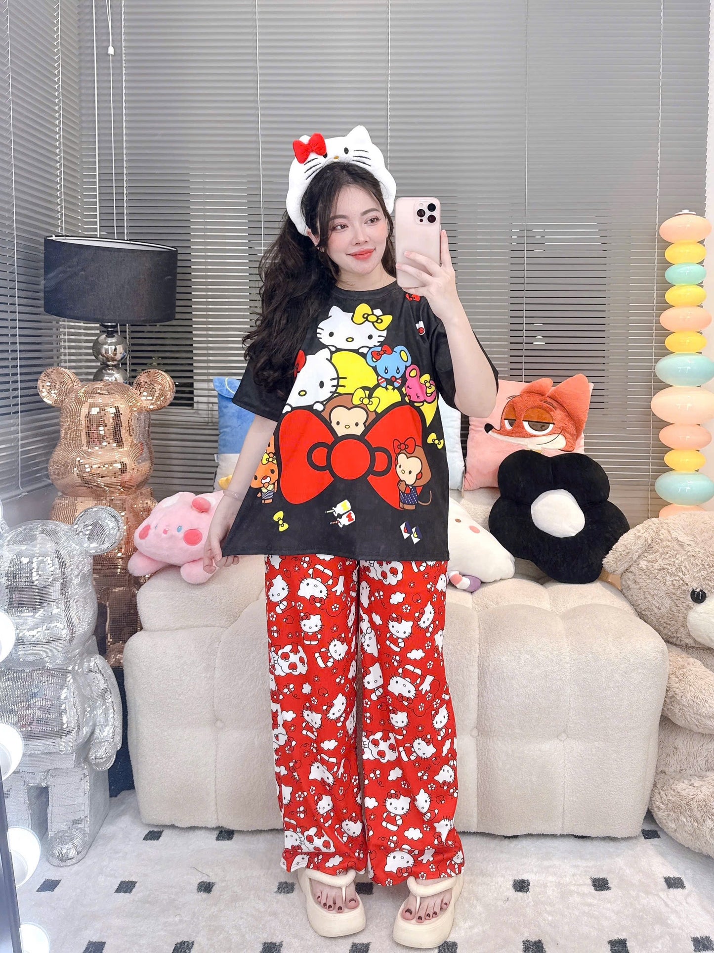 Black Red Hello Kitty Ribbed Cotton Pajama Short Sleeve