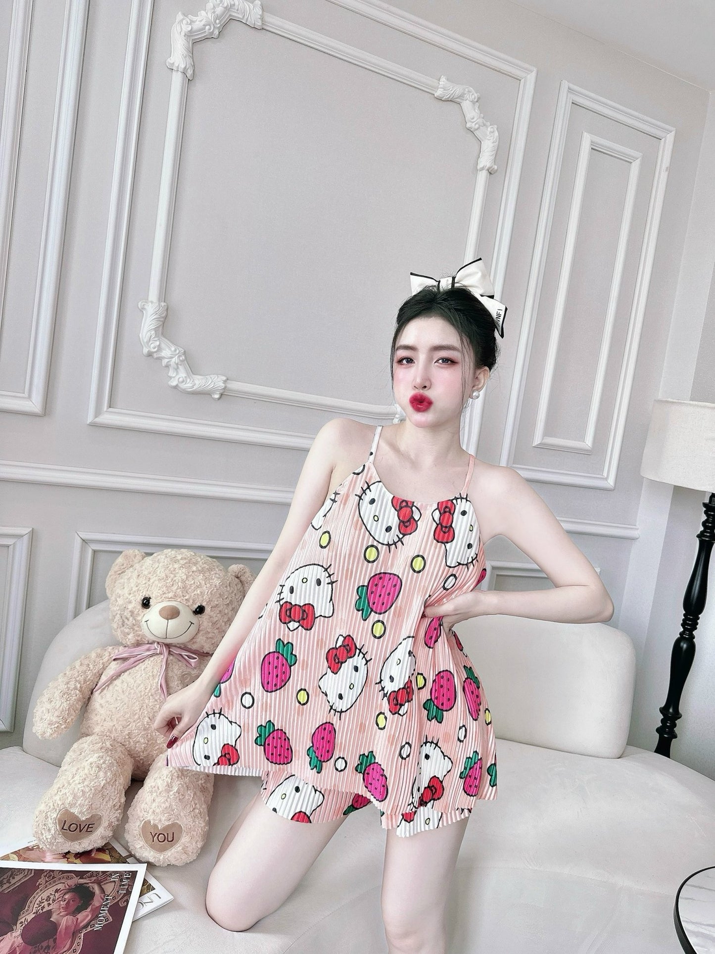 Pleated Tank Top Pajama Short Set