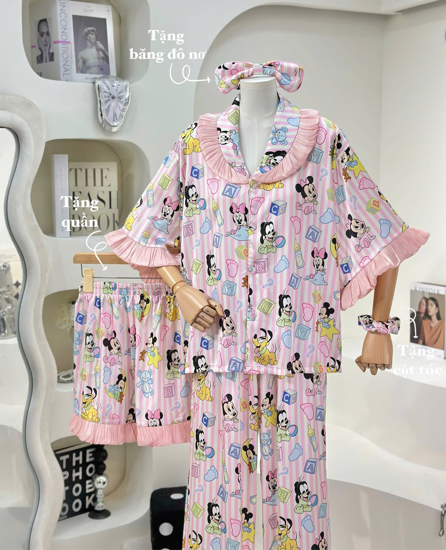 Pink Minnie Mickey Mouse Satin Pajama Short Sleeve