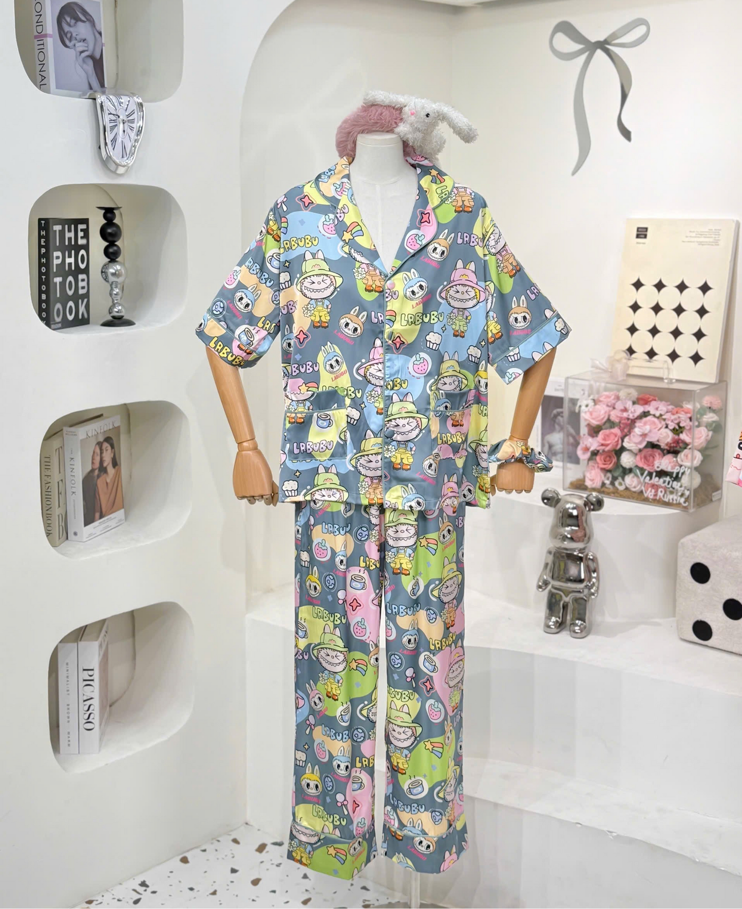 Gray Labubu Satin Pajama Short Sleeve