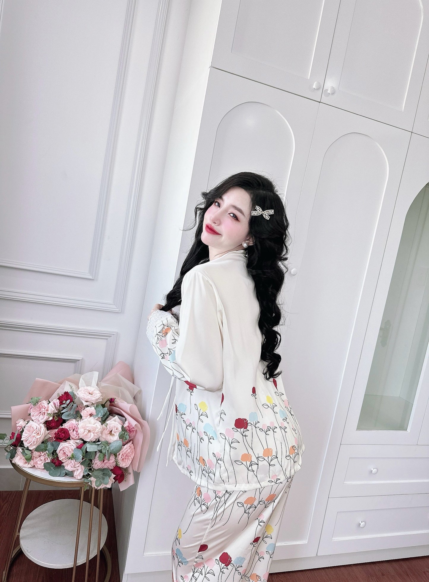 Petite Cream Flowery Satin Pajama Long Sleeve