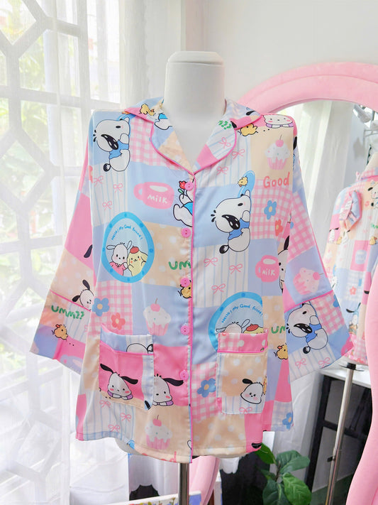 Pochacco Pompompurin Satin Pajama Mid-Length Sleeve Short Set