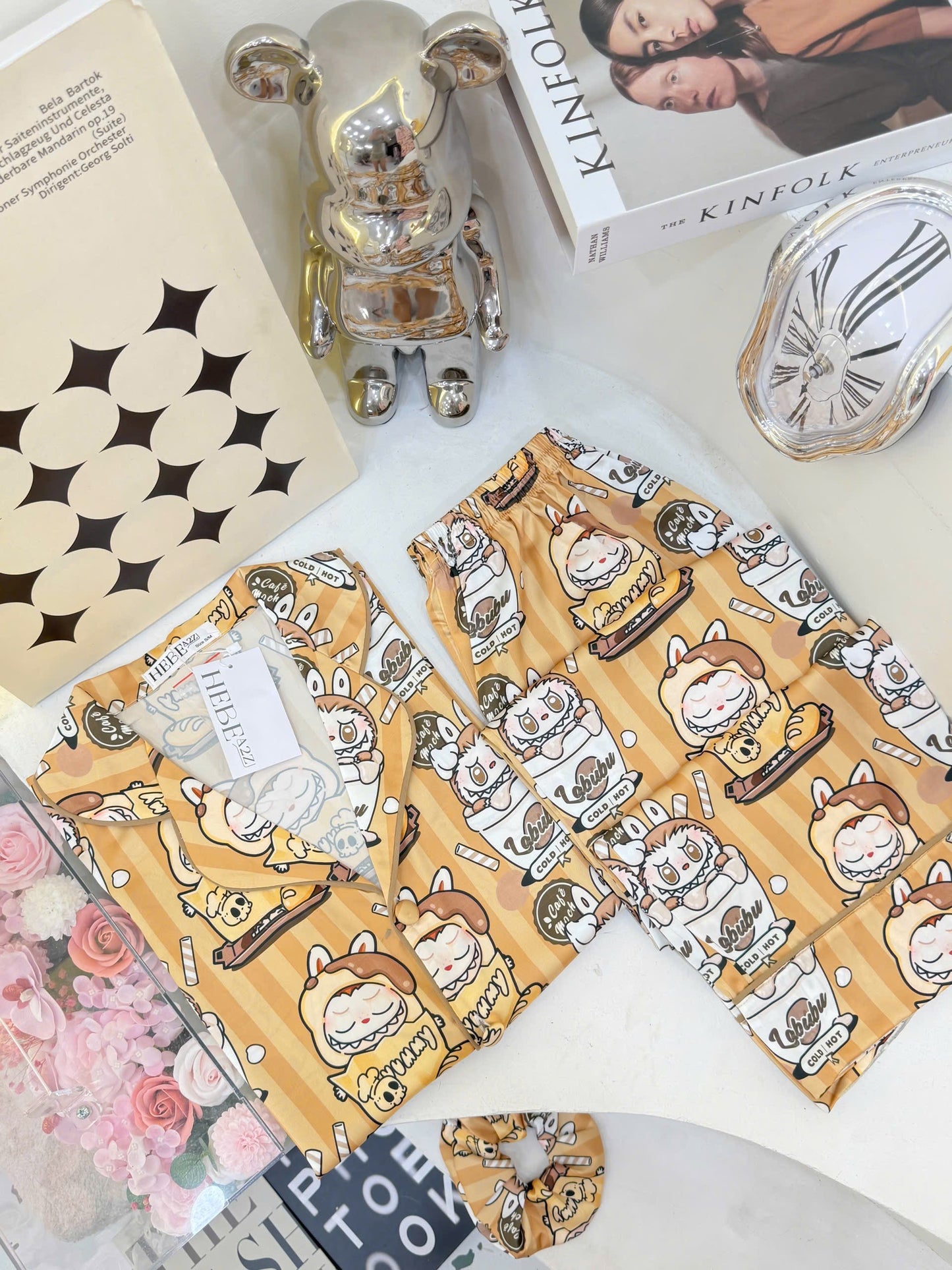 Caramel Coffee Labubu Satin Pajama Short Sleeve