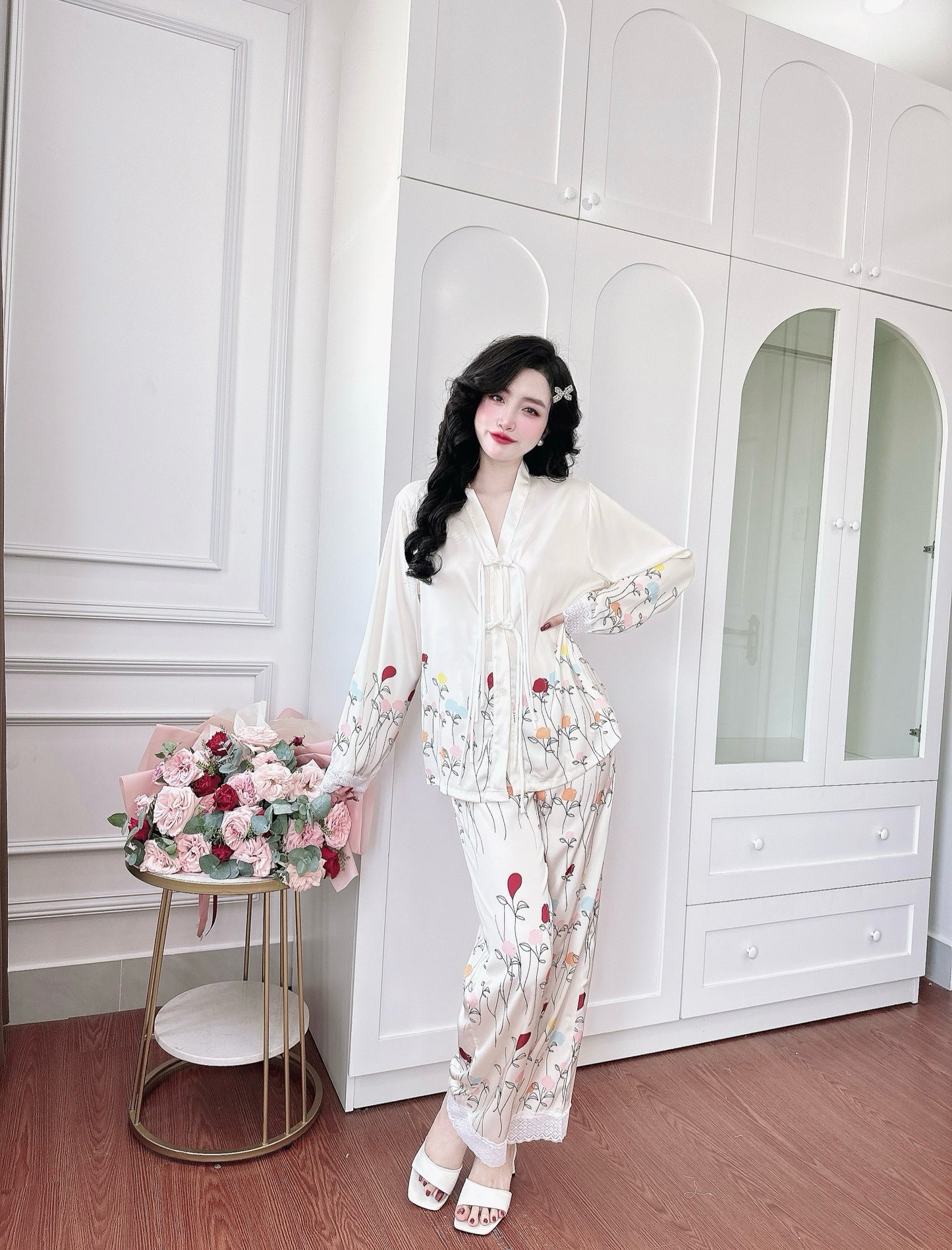 Petite Cream Flowery Satin Pajama Long Sleeve