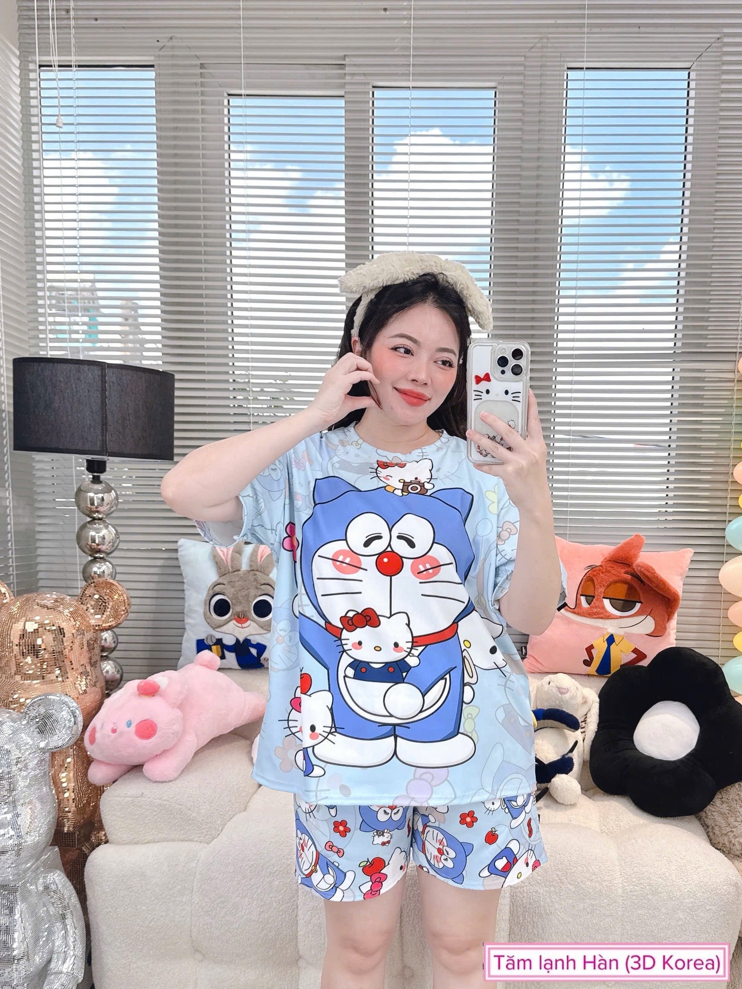Doraemon Hello Kitty Ribbed Cotton Short Set