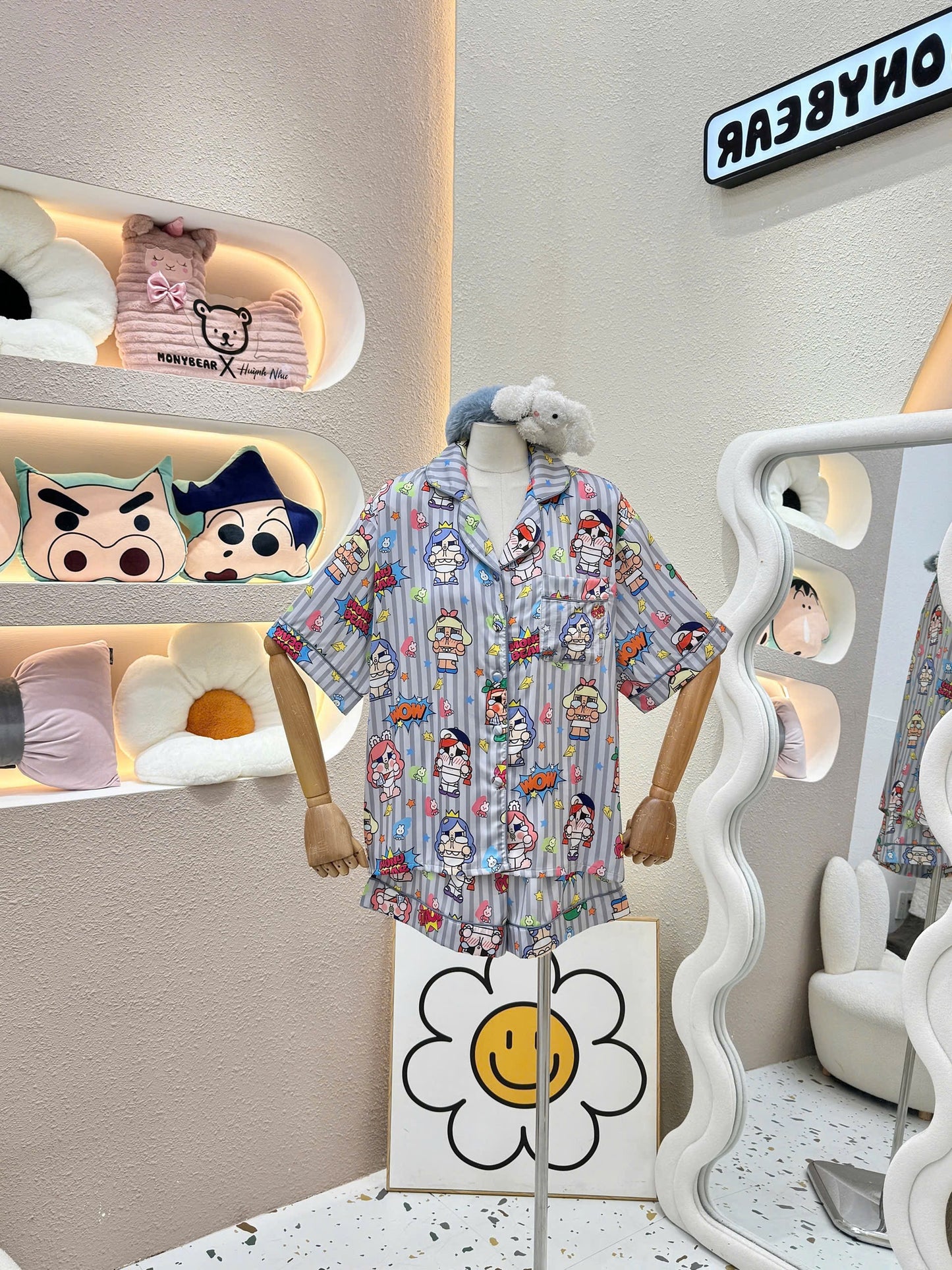 Gray Stripe Popmart Cry Baby Satin Pajama Short Set