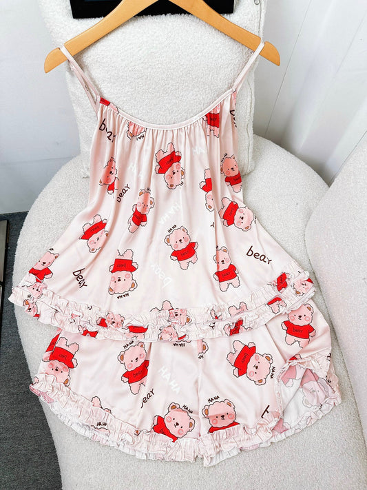 Cream Red Tshirt Bear Satin Tank Top Pajama Short Set