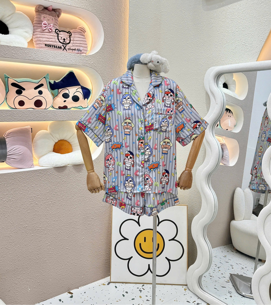 Gray Stripe Popmart Cry Baby Satin Pajama Short Set