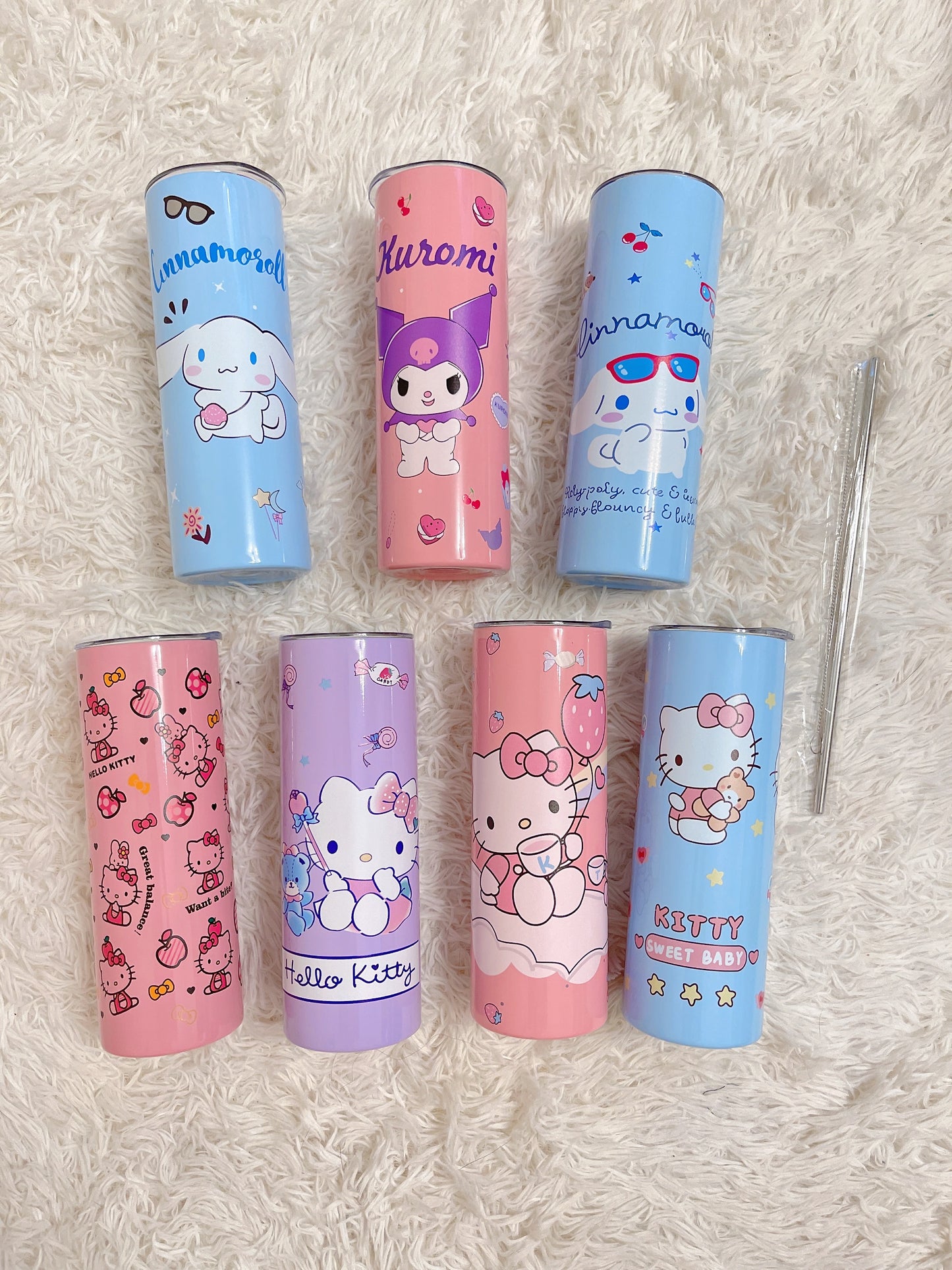 Kawaii Sanrio Stainless Steel Tumbler with Lid, Straw and Straw Brush, Hello Kitty, Kuromi, Cinnamoroll, Gift for Kid, Gift for Her - 20oz