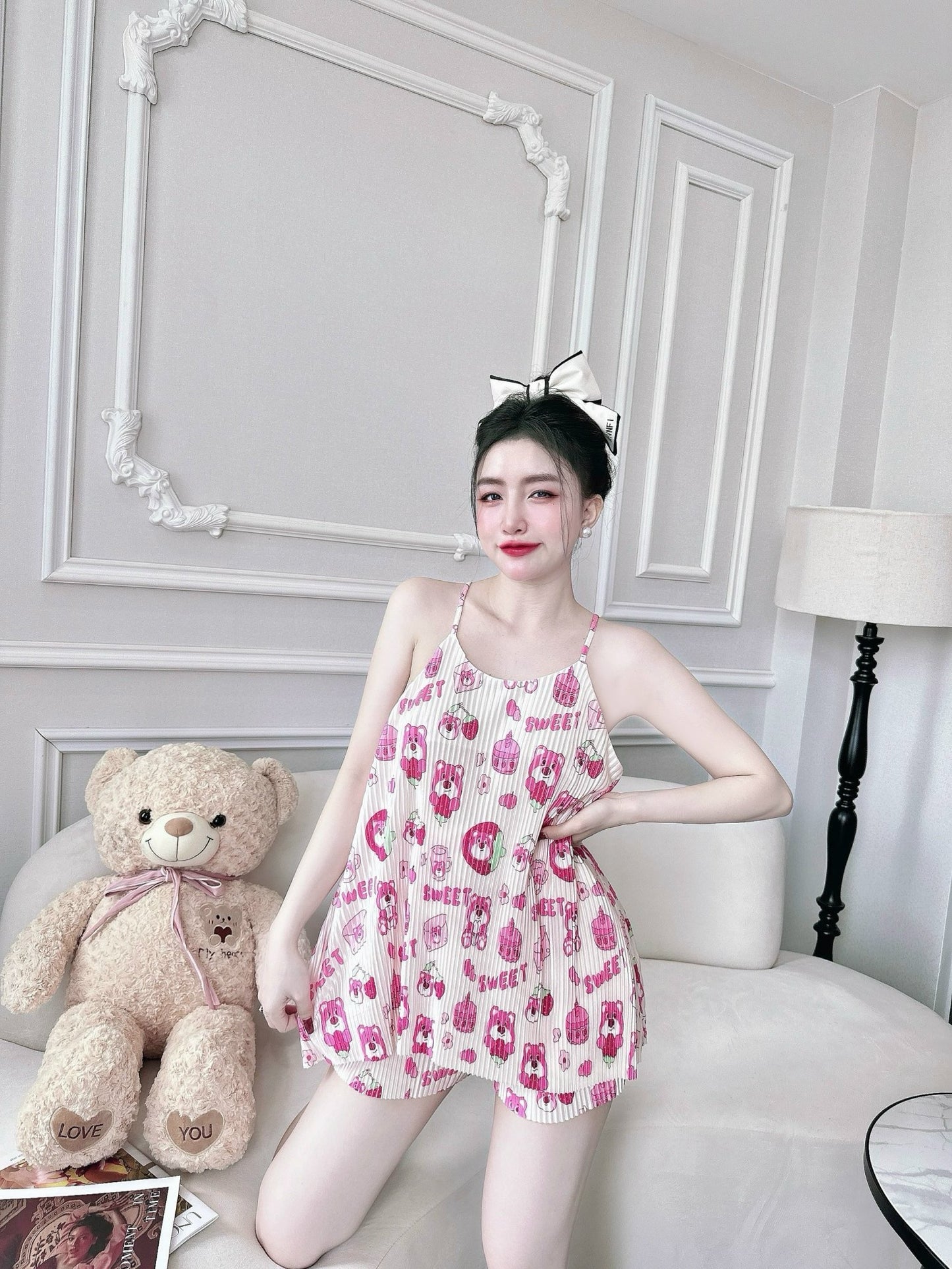 Pleated Tank Top Pajama Short Set