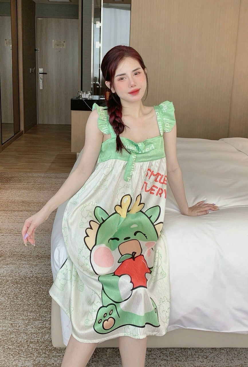 Green Dragon Satin Tank Top with Ruffles Dress