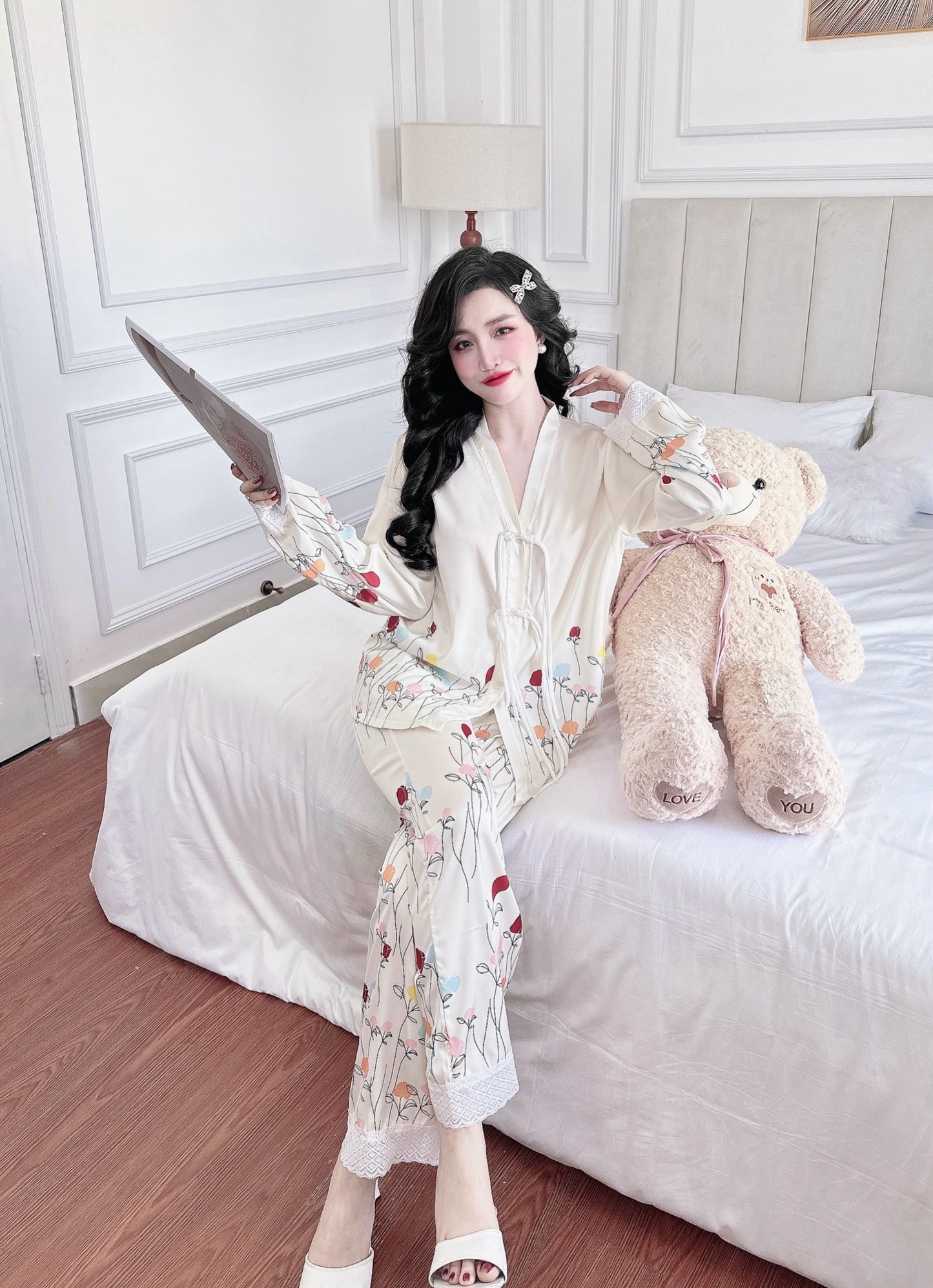 Petite Cream Flowery Satin Pajama Long Sleeve