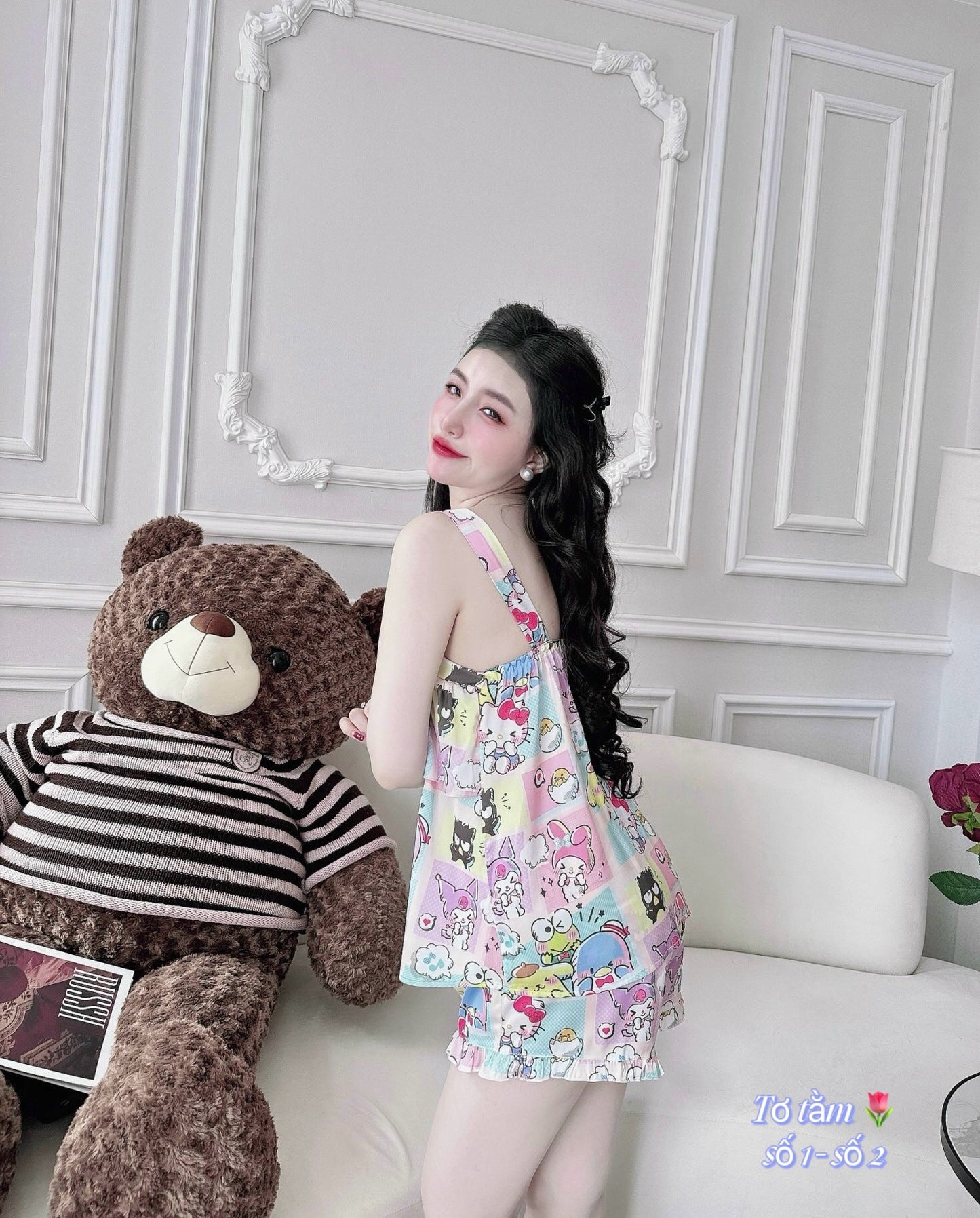 Satin Thick Strap Tank Top Layers with Cute Characters Pajama Short Set