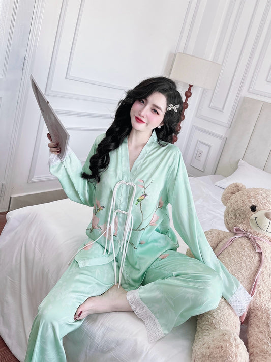Petite Green Flowers Satin Pajama Long Sleeve