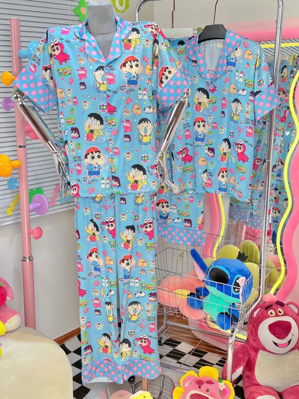 Blue Shin With Poka Dot Collar Short Sleeve