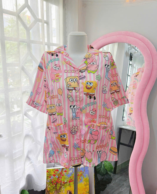 Pink Stripe Spongebob Satin Pajama Short Set