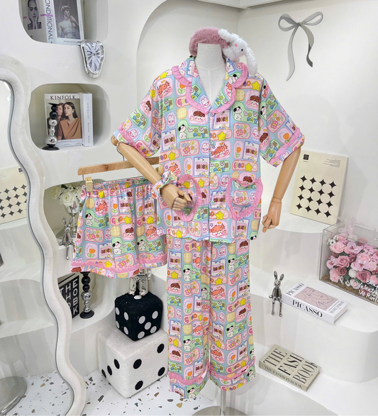 Colorful Cartoon Satin Pajama Short Sleeve