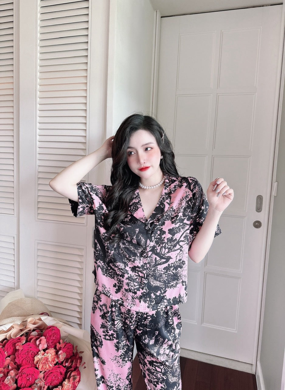 Petite Black Pink Designer Pattern Satin Pajama Short Sleeve