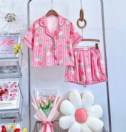 Petite Pink Stripe Cherry Bunny Satin Pajama Short Set