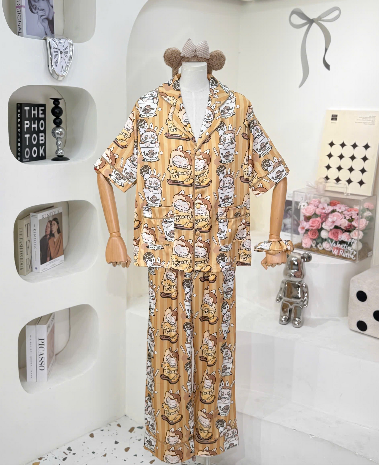 Caramel Coffee Labubu Satin Pajama Short Sleeve