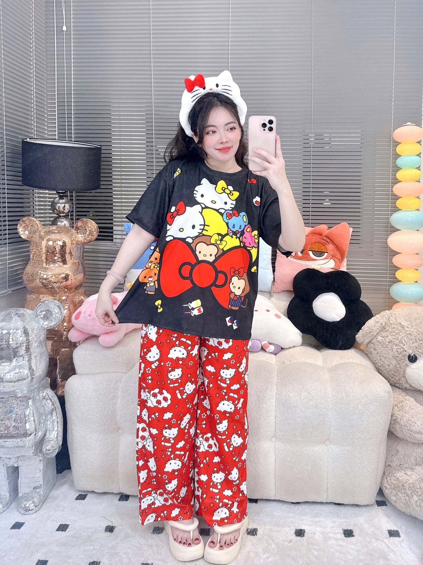 Black Red Hello Kitty Ribbed Cotton Pajama Short Sleeve
