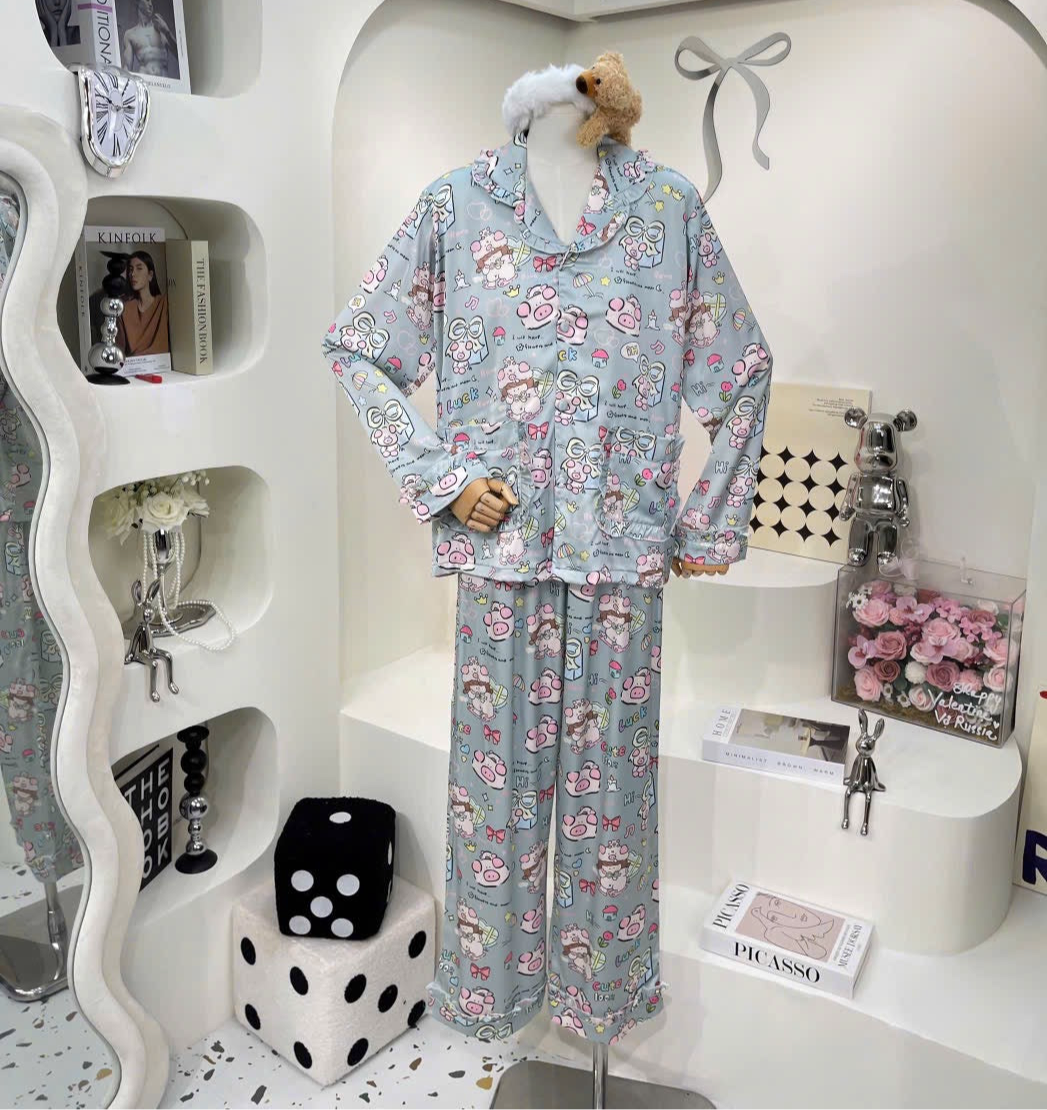 Gray Pink Pig Satin Pajama Long Sleeve