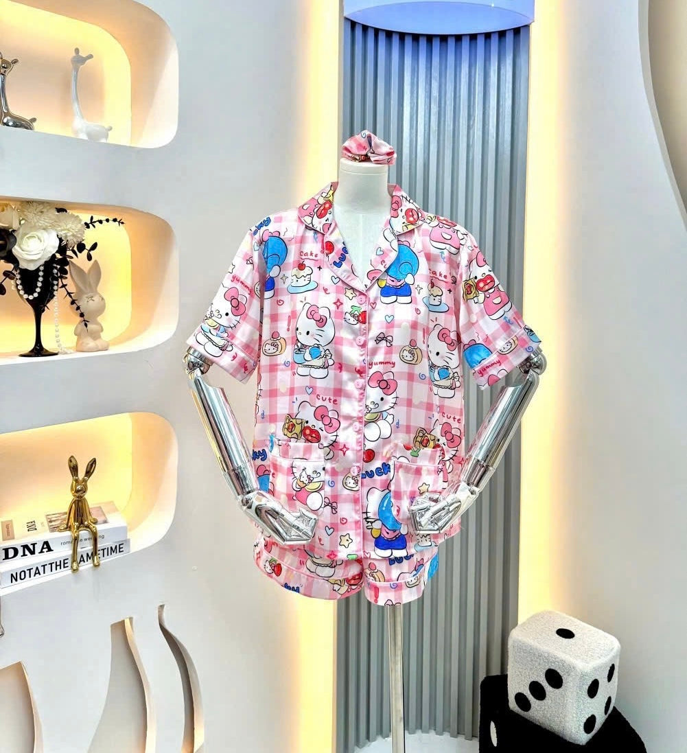 Pink Checker Hello Kitty Satin Pajama Short Set