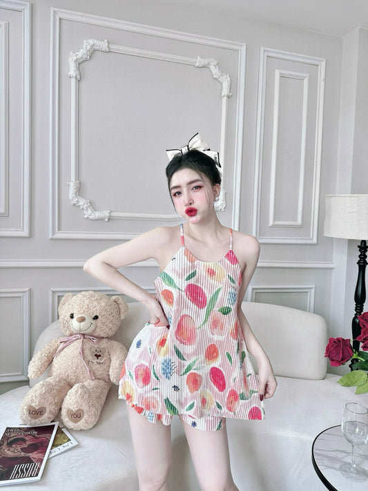Pleated Tank Top Pajama Short Set