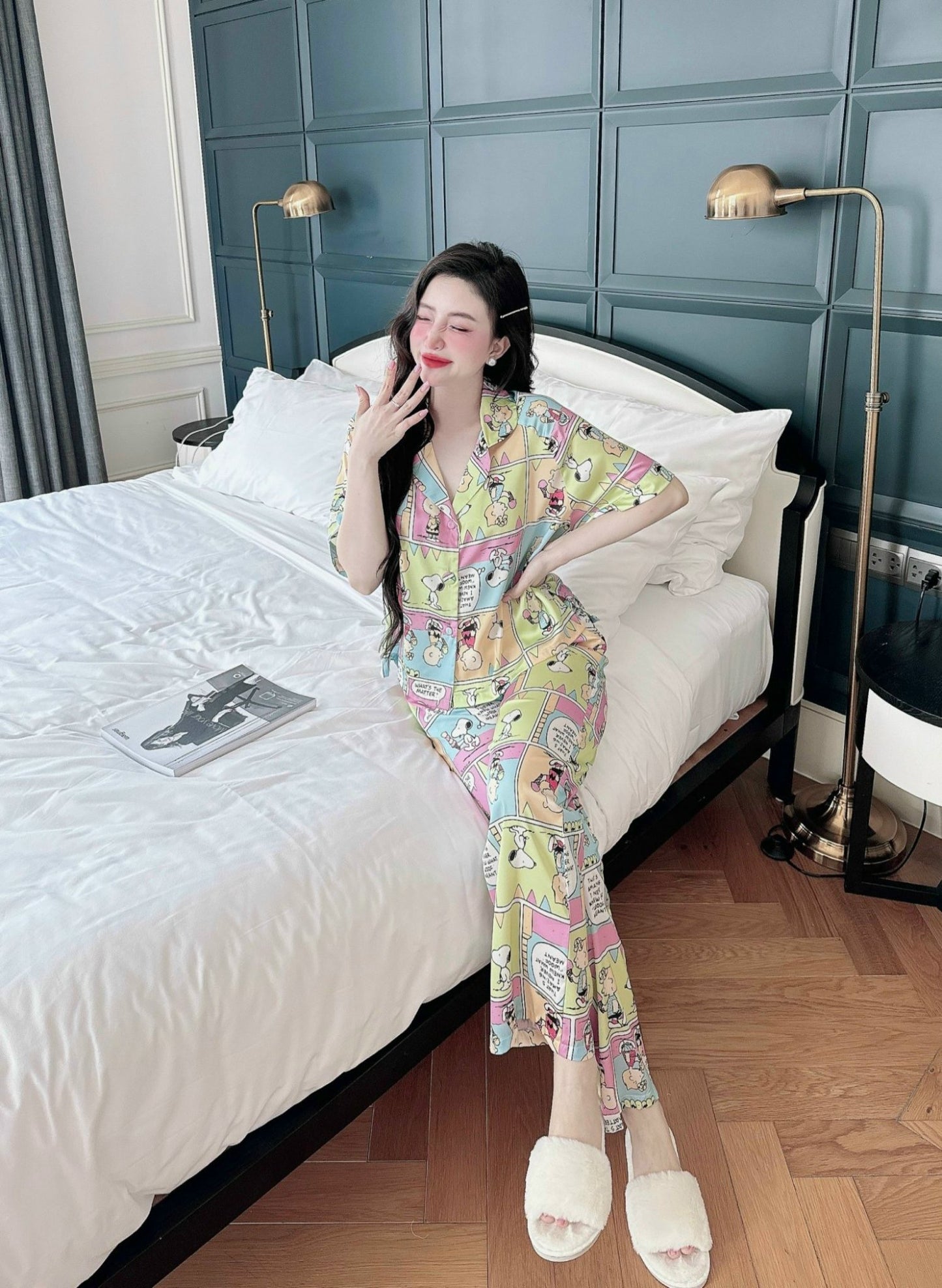 Petite Snoopy and Peanut Pattern Satin Pajama Short Sleeve