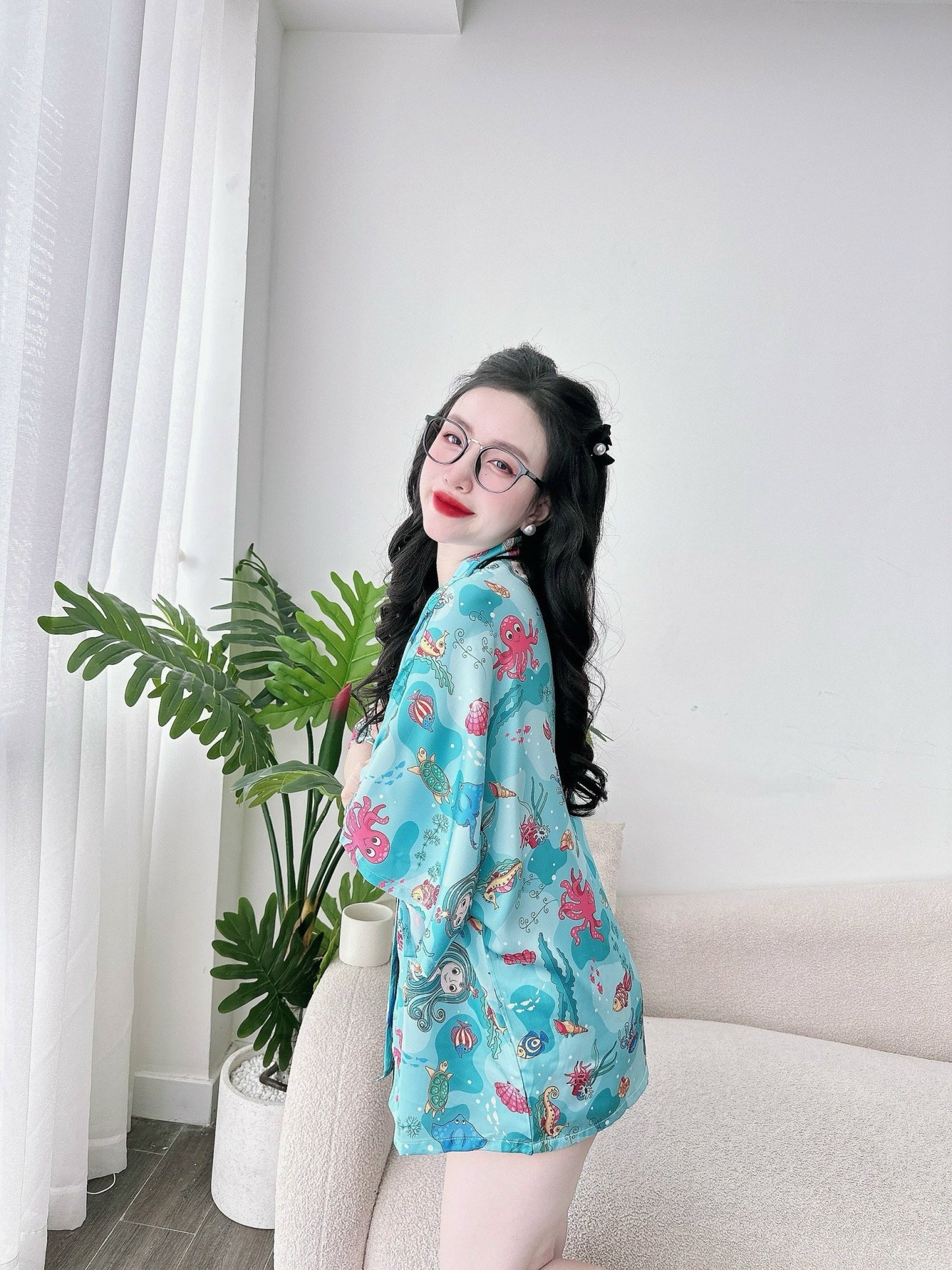 Blue Under the Sea V Neck Satin Short Set