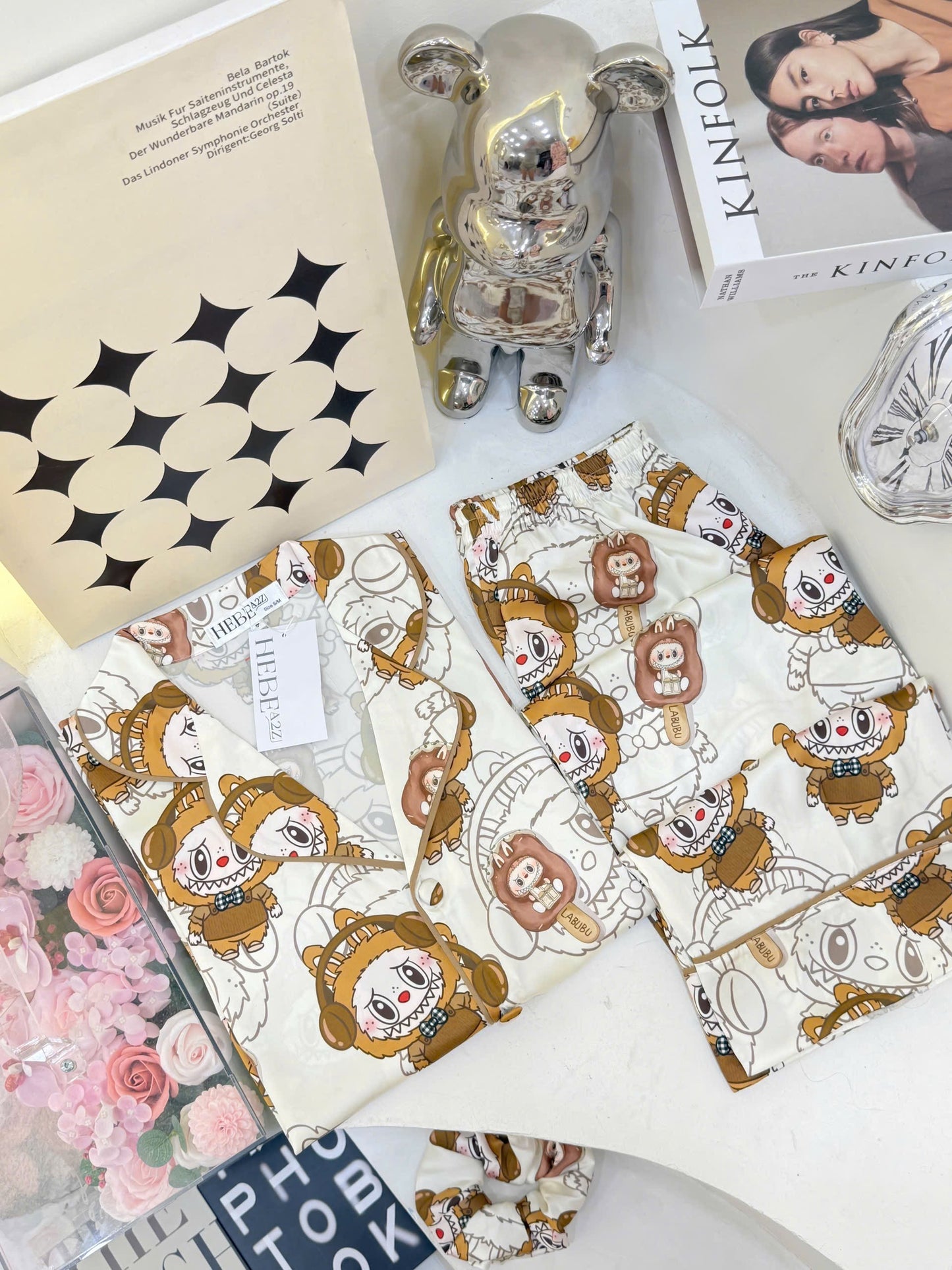 Creamy Brown Ice Cream Labubu Satin Pajama Short Sleeve