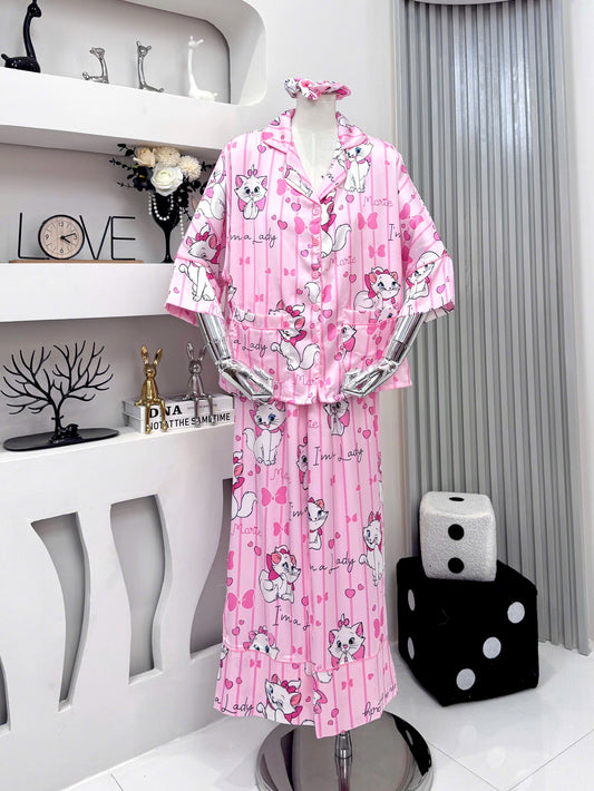 Pink Cat Satin Pajama Short Sleeve