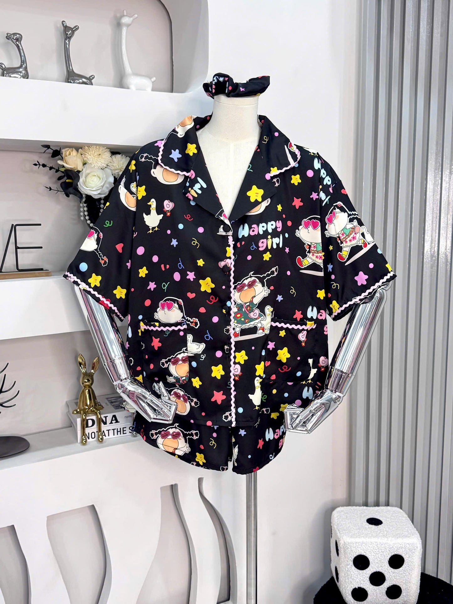 Black Cartoon Satin Pajama Short Set