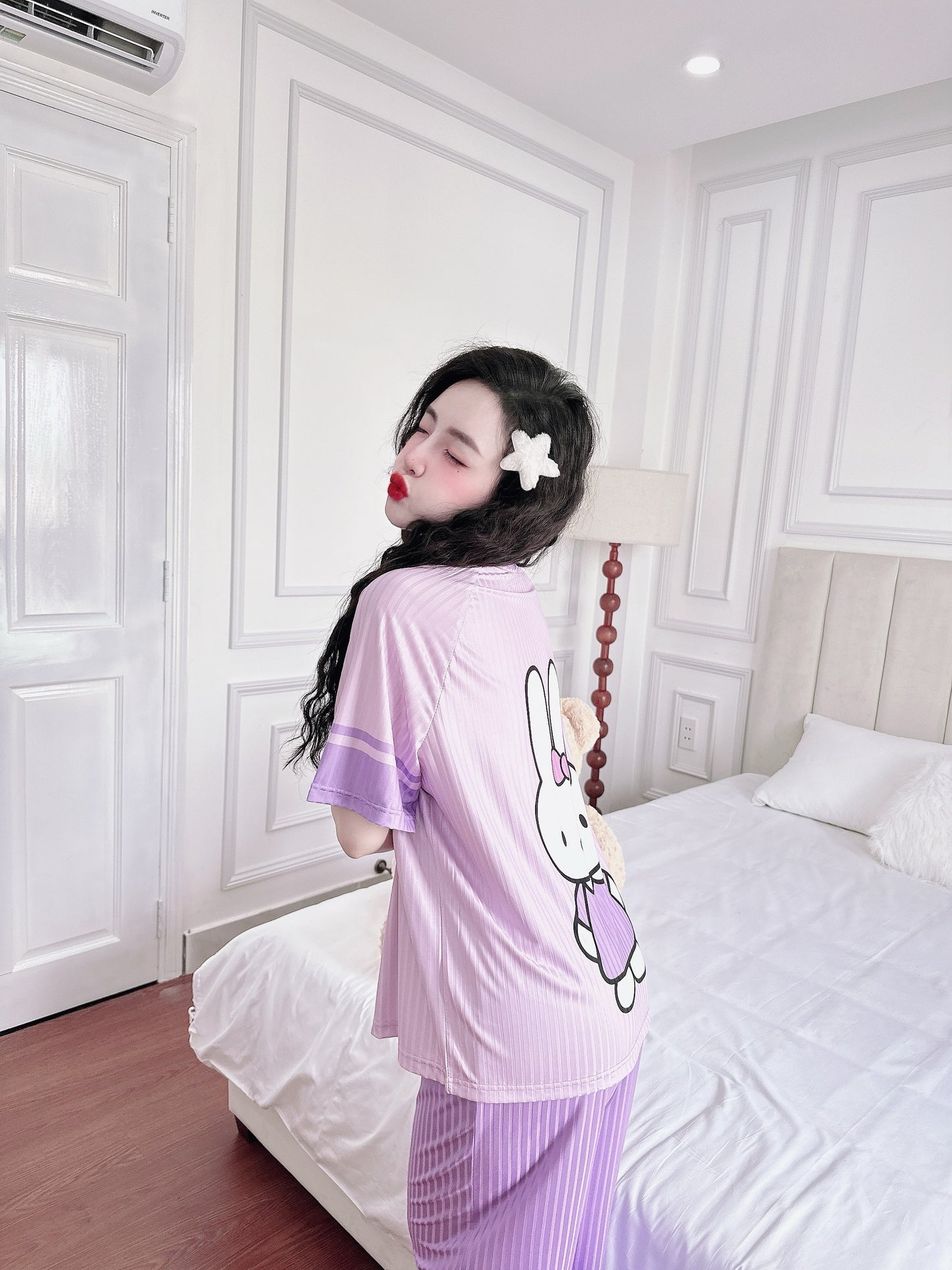 Purple Bunny Ribbed Cotton Pajama Short Sleeve