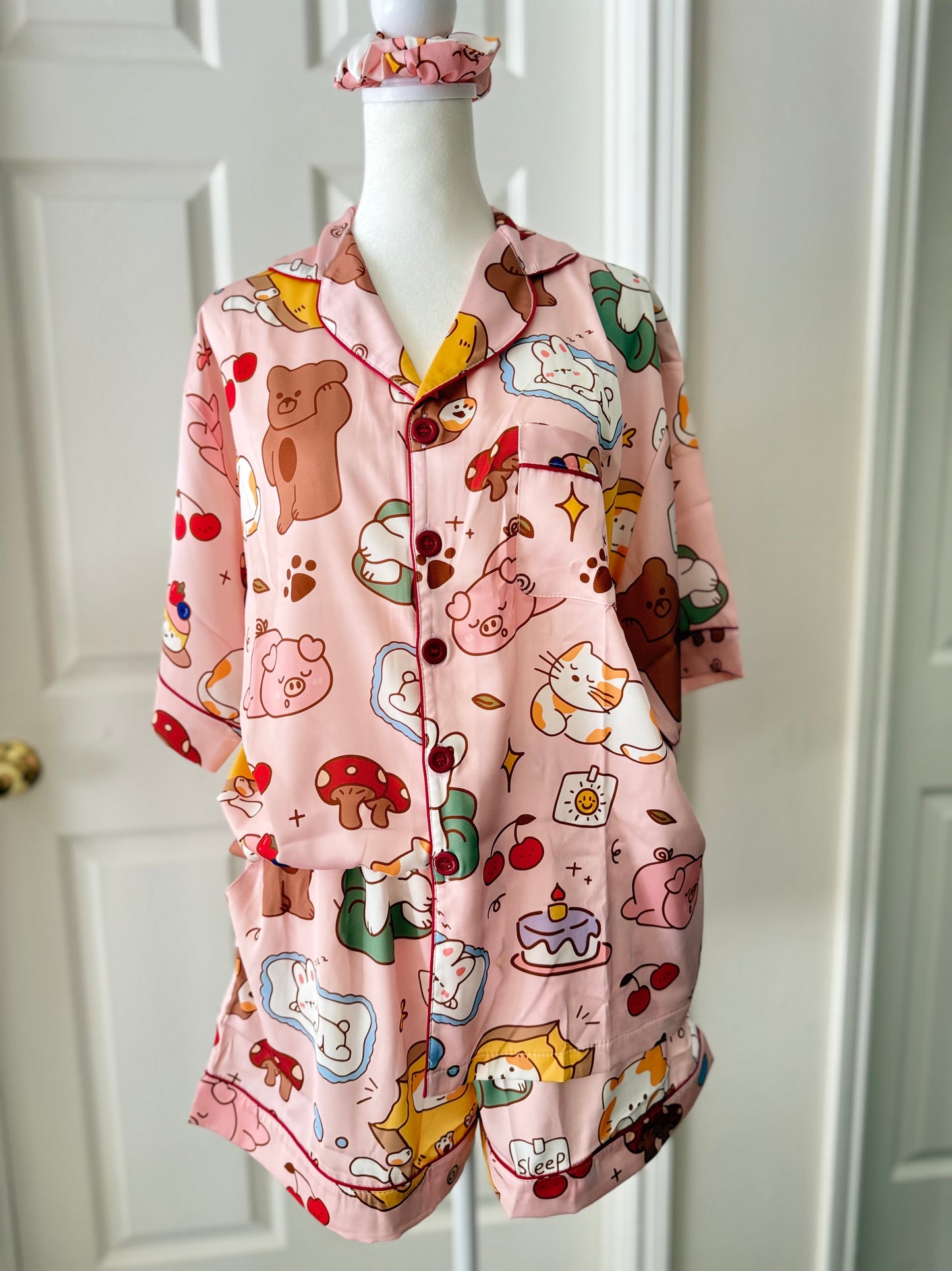 Pink Cute Animals Satin Pajama Short Set