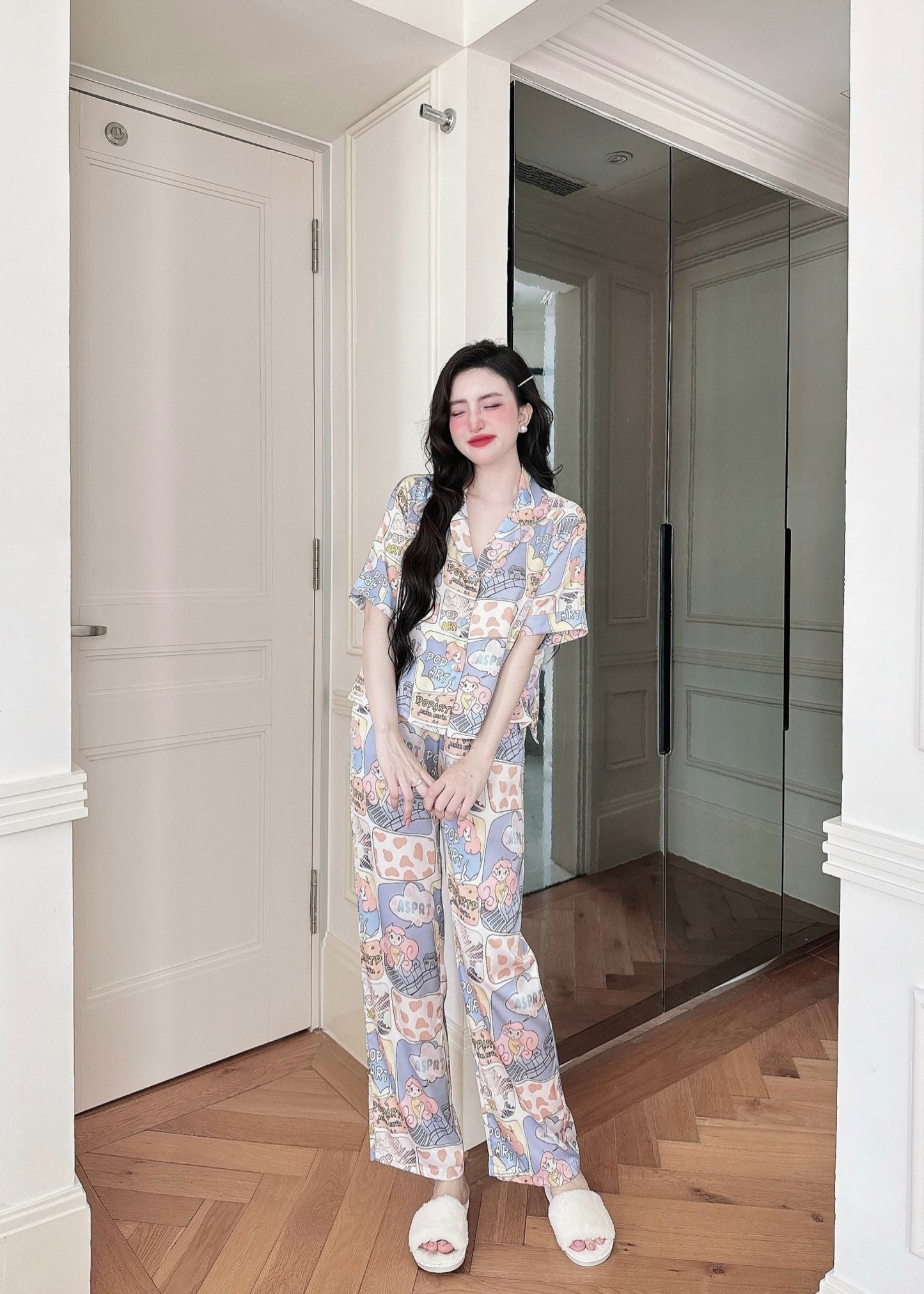 Petite Cute Pop Art Pattern Satin Pajama Short Sleeve