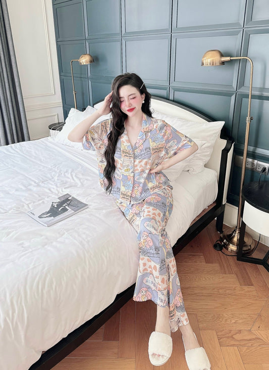 Petite Cute Pop Art Pattern Satin Pajama Short Sleeve