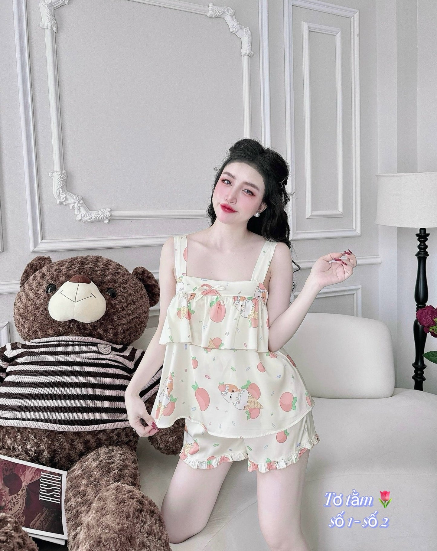 Satin Thick Strap Tank Top Layers with Cute Characters Pajama Short Set