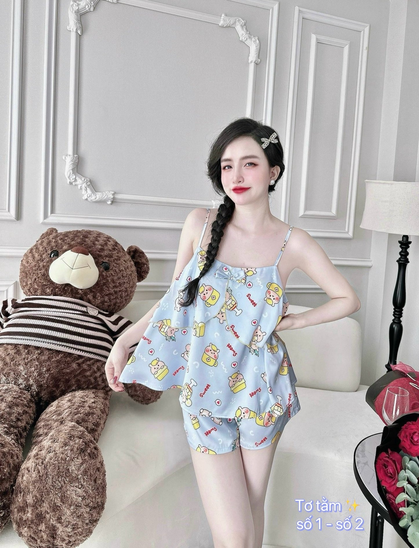 Satin Tank Top Pajama with Bow Short Set