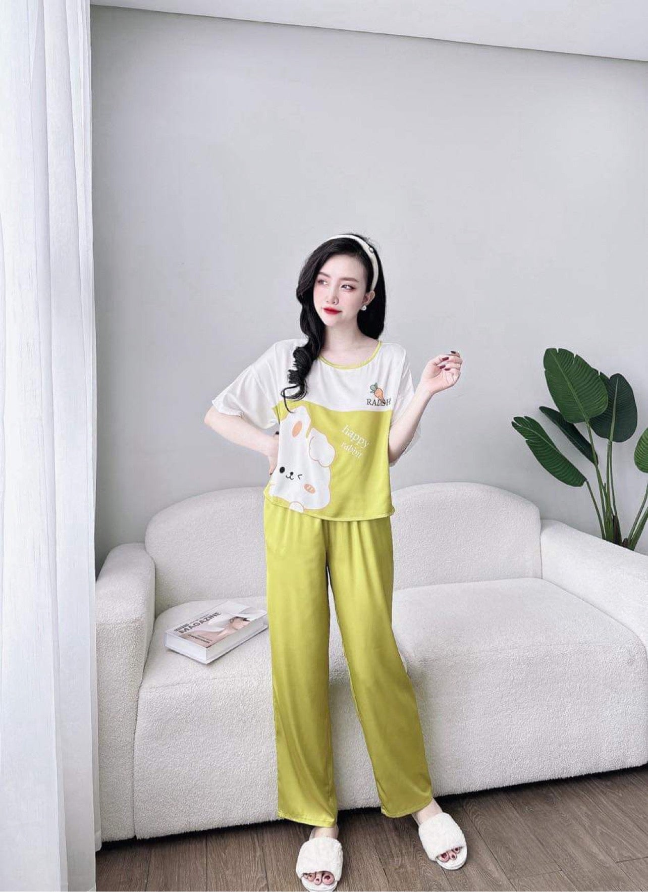 Petite Bunny Pattern Satin Pajama Short Sleeve