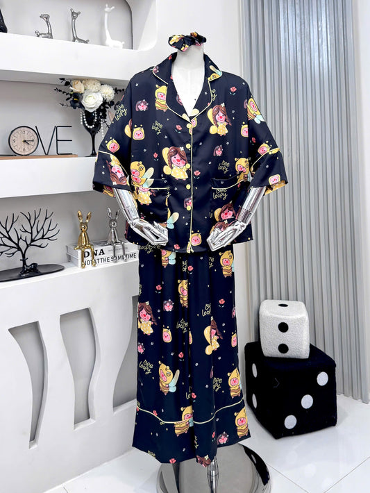 Black Loopy Bear Satin Pajama Short Sleeve