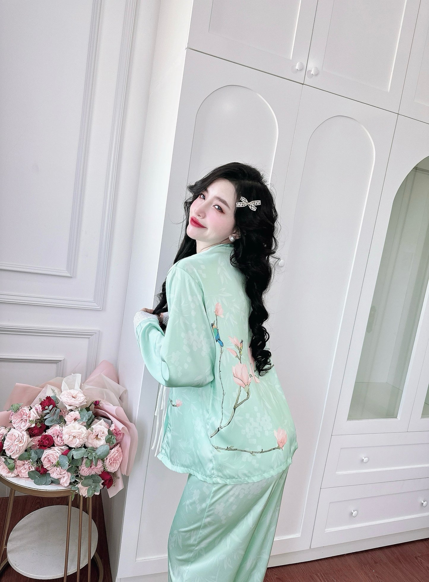 Petite Green Flowers Satin Pajama Long Sleeve