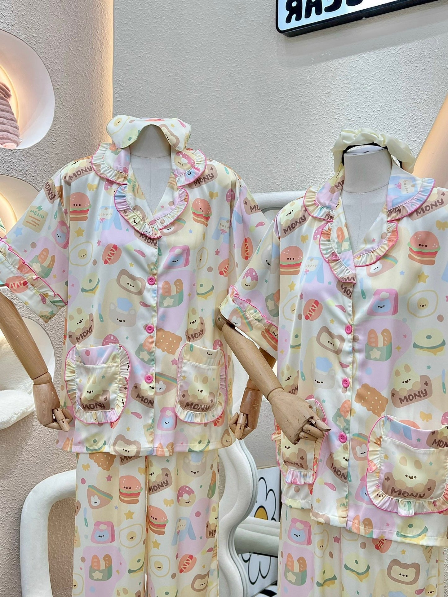 Pastel Hamburger Bear Satin Short Sleeve