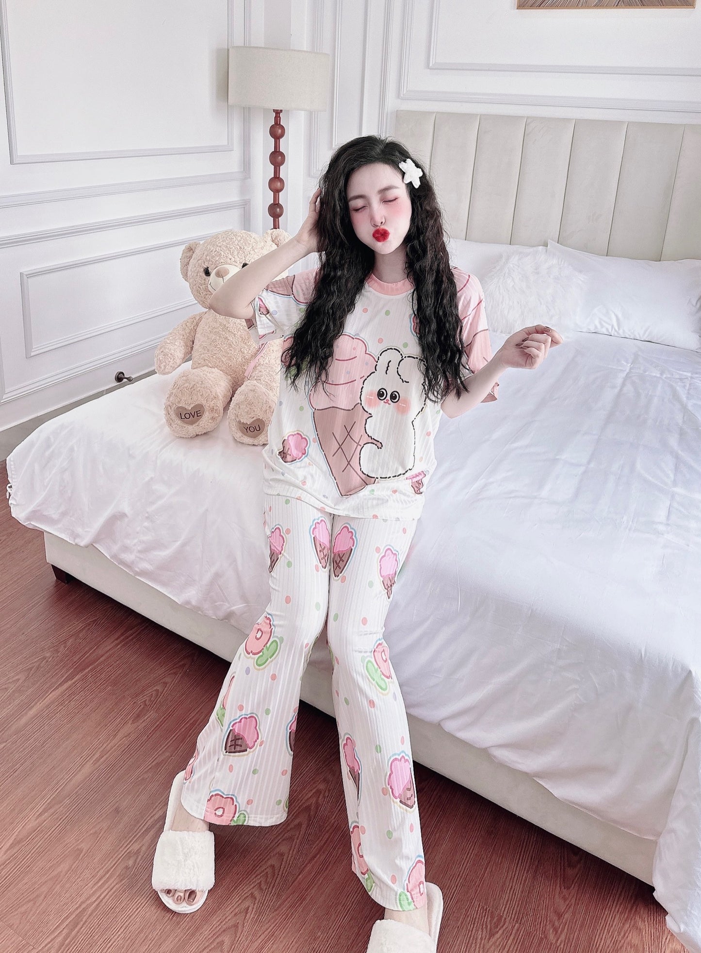 Ice Cream Bunny Ribbed Cotton Pajama Short Sleeve