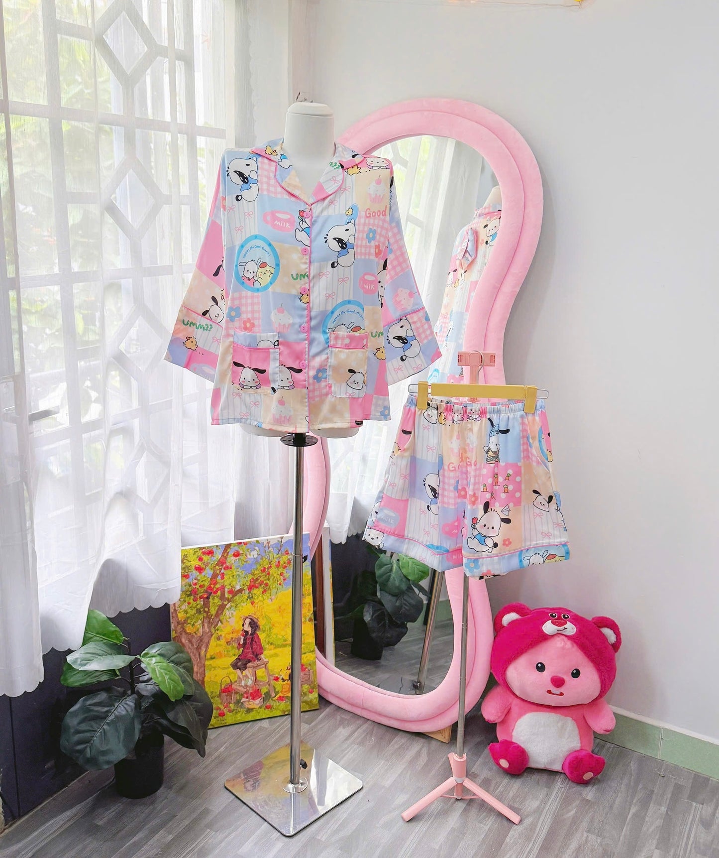 Pochacco Pompompurin Satin Pajama Mid-Length Sleeve Short Set