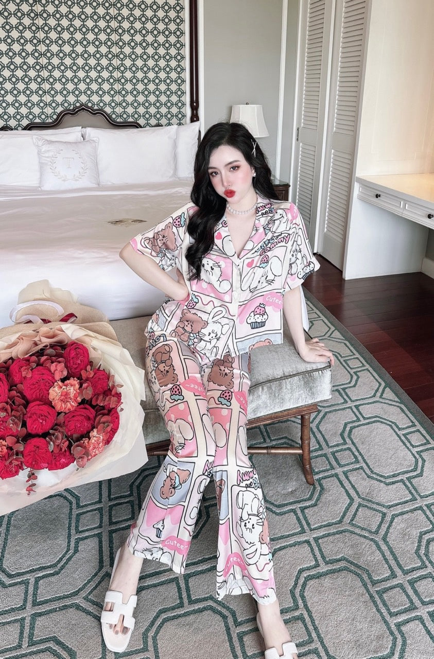 Petite Cute Cat Pattern Satin Pajama Short Sleeve