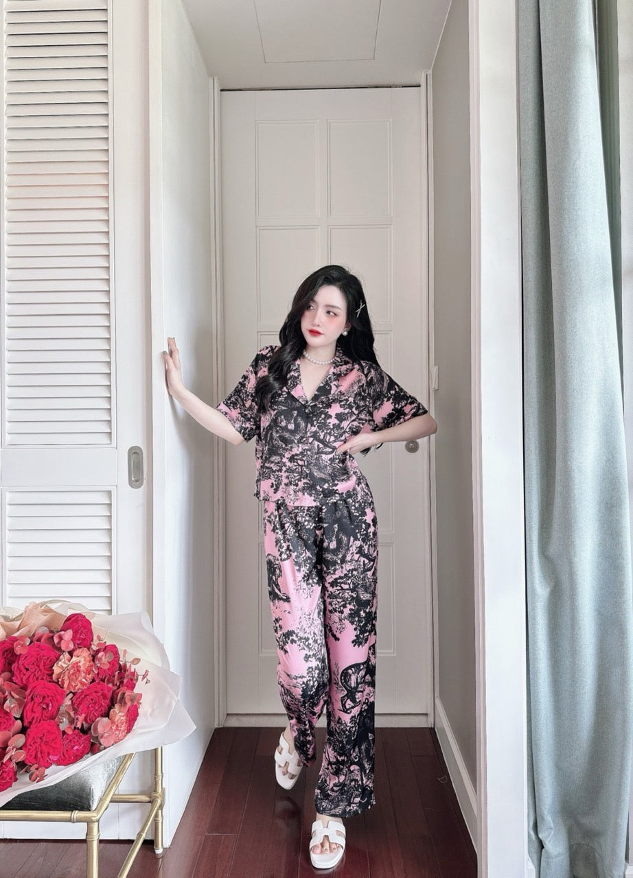 Petite Black Pink Designer Pattern Satin Pajama Short Sleeve