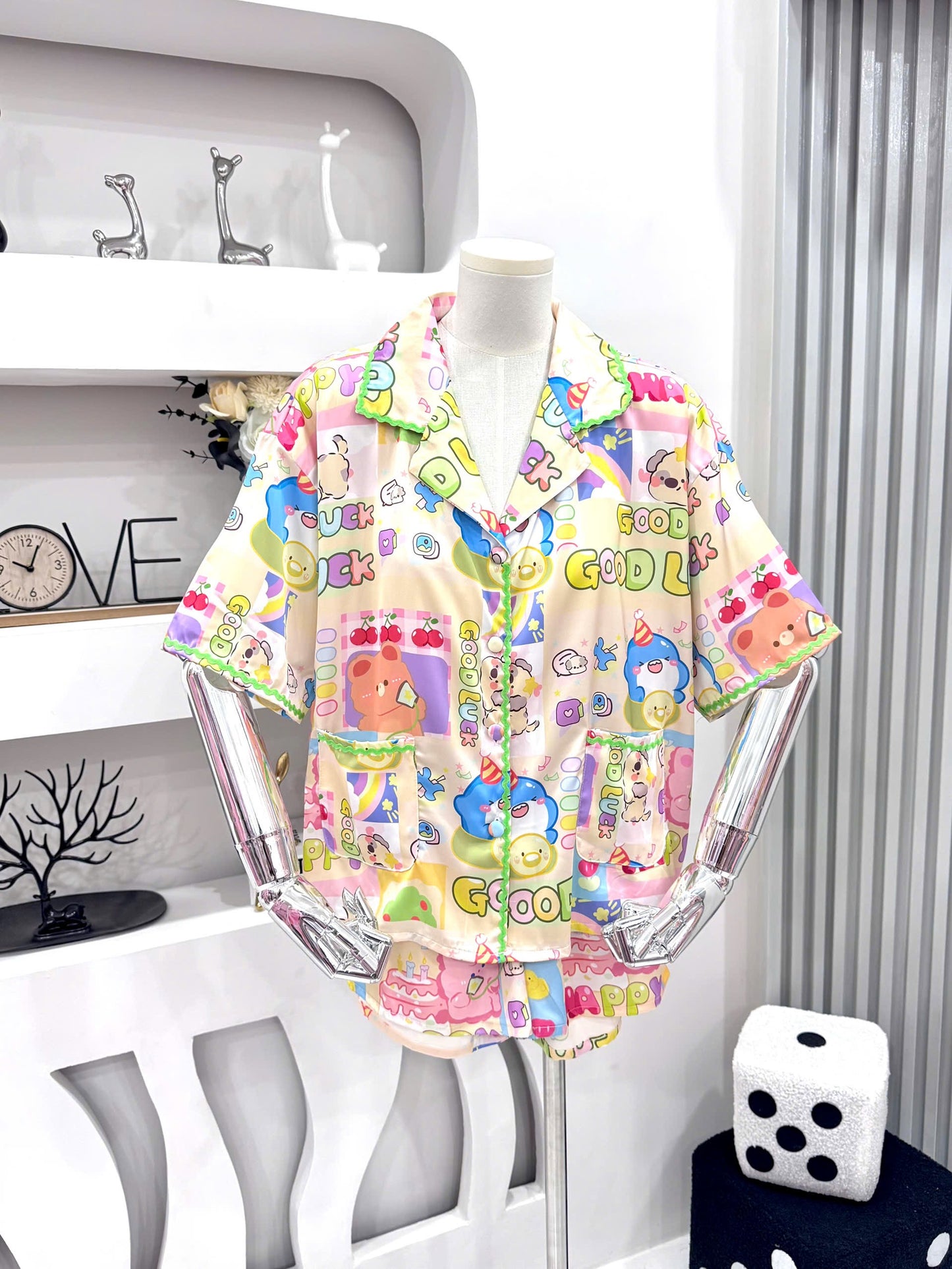 Fun Colorful Cartoon Satin Pajama Short Set